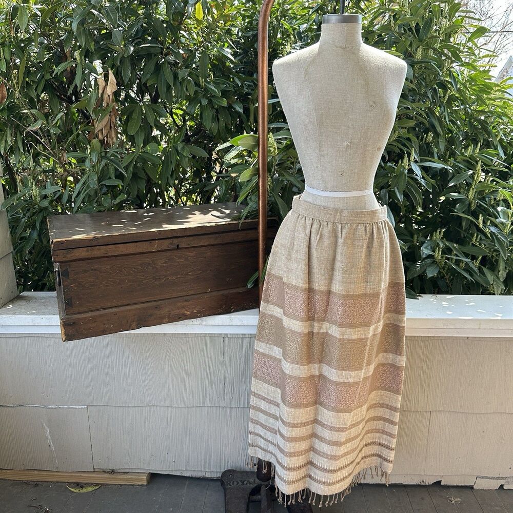 Vintage Woven Midi Skirt Fringe Boho Textured Neutral Earthy  Cottagecore Sz S